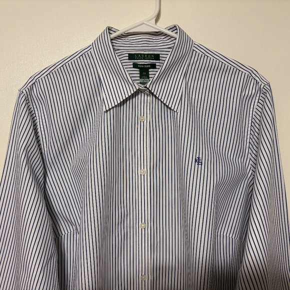 LRL Ralph Lauren Women's Plus Blue Stripe Non-Iron Button-Front Shirt Top 2X - Picture 2 of 10